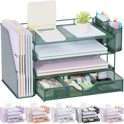 gianotter Desk Organizers and Accessories with File Holder, 4-Tier Desk Accessories & Workspace Organizers with Drawer and 2 Pen Holder, Paper Organizer for Office Supplies (Wood)