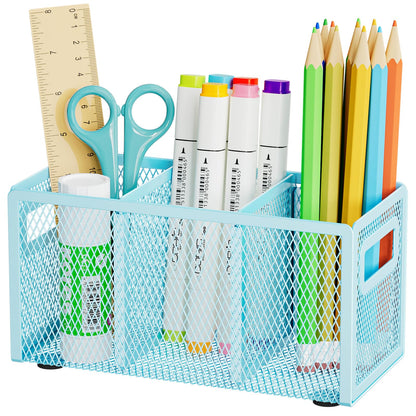 Marbrasse Mesh Pen Holder for Desk, Pencil Holder Desk Organizer 3 Adjustable Compartments, Pencil Cup with Handle Perfect for Classroom, Office, Home, Makeup, Art (4 Compartments - Black)