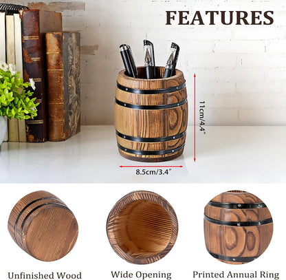 Rustic Wooden Pen Holders for Desk, Wine Barrel Shaped Pencil Cup