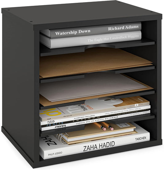 Ballucci 5-Tier File Organizer for Desk, Wooden Mail Sorter, Office Desk Organization, Paper Storage Organizers, Folder holder for desk, Letter Trays & Stacking Supports, Adjustable Shelves, Black