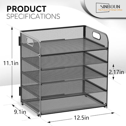Letter Tray Paper Organizer 5-Tier Desk Organizer File Organizer Paper Holder with Handle, Metal Desktop Document Shelf Tray Office Classroom Organization - Black