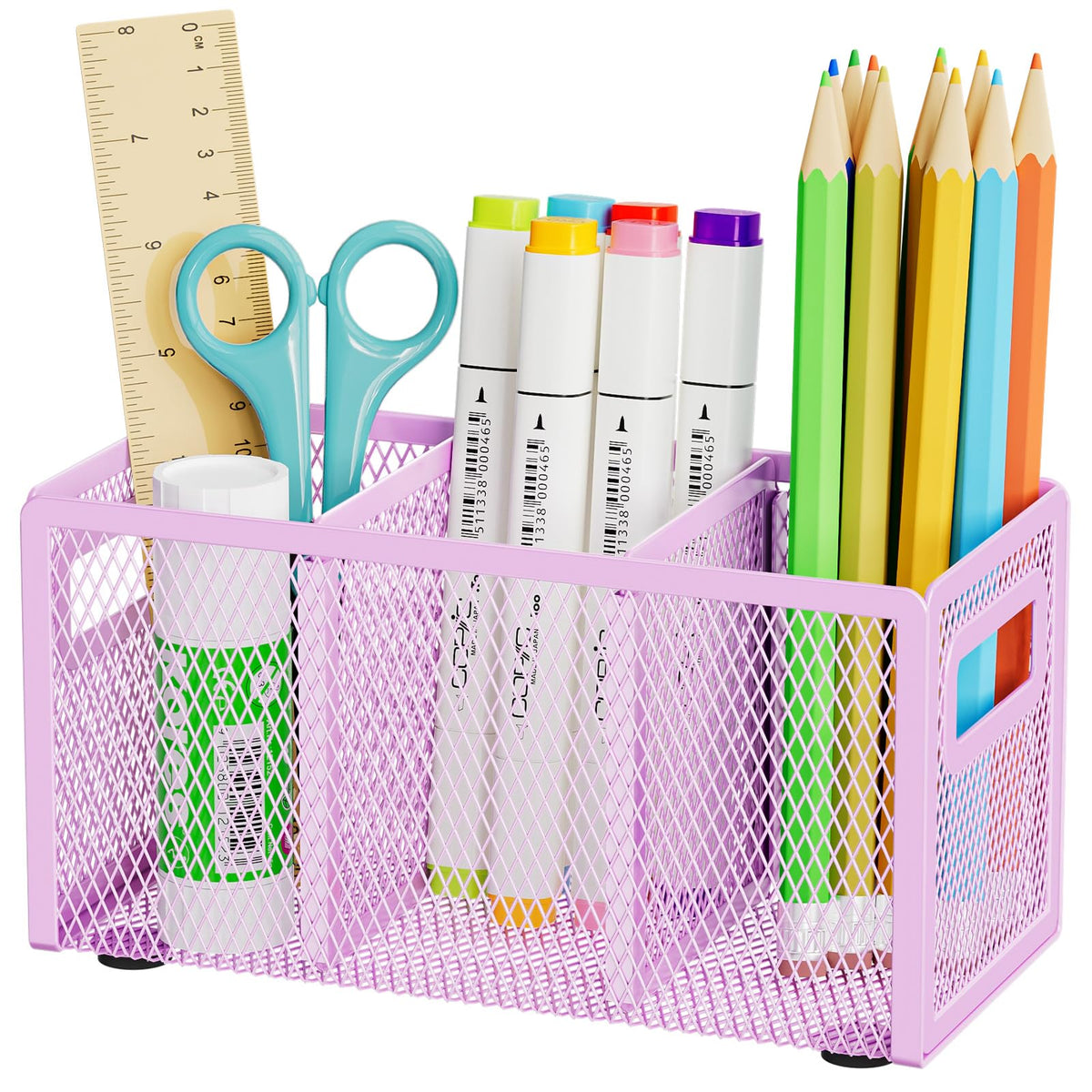 Marbrasse Mesh Pen Holder for Desk, Pencil Holder Desk Organizer 3 Adjustable Compartments, Pencil Cup with Handle Perfect for Classroom, Office, Home, Makeup, Art (4 Compartments - Black)