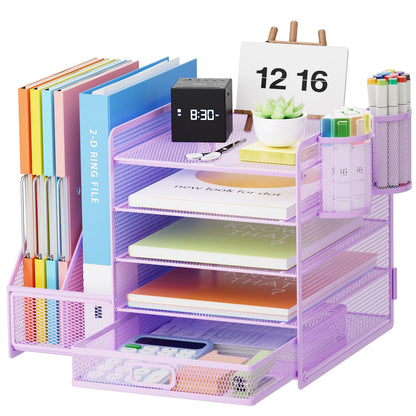 Marbrasse Desk Organizer with File Holder, 5-Tier Paper Letter Tray Organizer with Drawer and 2 Pen Holder, Mesh Desktop Organizer and Storage with Magazine Holder for Office Supplies(Black)
