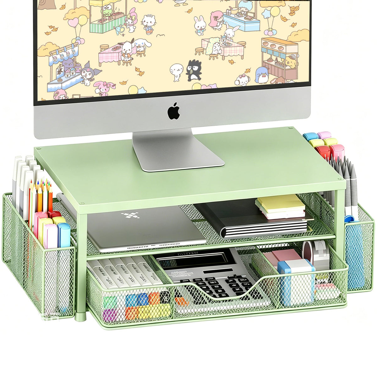 OPNICE Desk Organizer and Accessories, 2-Tier Computer Monitor Stand Riser with Drawer and 2 Pen Holders, Laptop Stand, Office Desk Accessories for Office Supplies, Black