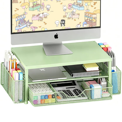 OPNICE Desk Organizer and Accessories, 2-Tier Computer Monitor Stand Riser with Drawer and 2 Pen Holders, Laptop Stand, Office Desk Accessories for Office Supplies, Black