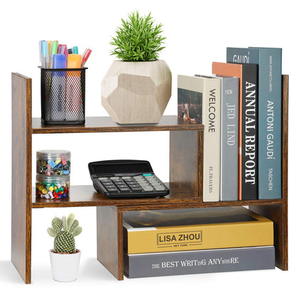 Sorfity Expandable Wood Desktop Bookshelf Desktop Organizer Office Storage Rack Wood Display Shelf, Counter Storage Rack Top Bookcase - Freestyle Display Natural Stand Office Supplies Desk Organizer