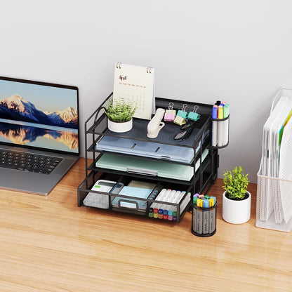 Marbrasse Desk Organizer, 4-Tier Paper File Letter Tray, Black
