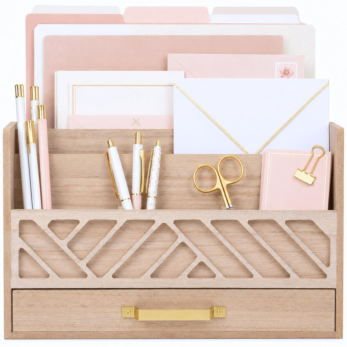 BLU MONACO | White Wooden Desk Organizer & Mail Organizer with Drawer & Gold Handle | Mail Sorter Countertop | 6 Compartments | White Desktop Organizer for Desk