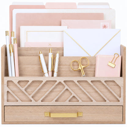 BLU MONACO | White Wooden Desk Organizer & Mail Organizer with Drawer & Gold Handle | Mail Sorter Countertop | 6 Compartments | White Desktop Organizer for Desk
