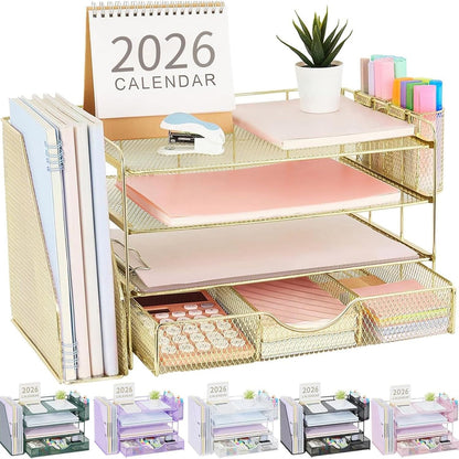 gianotter Desk Organizers and Accessories with File Holder, 4-Tier Desk Accessories & Workspace Organizers with Drawer and 2 Pen Holder, Paper Organizer for Office Supplies (Wood)