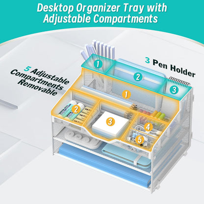 3 Tier Mesh Paper Desk Organizer with Pen Holders, White