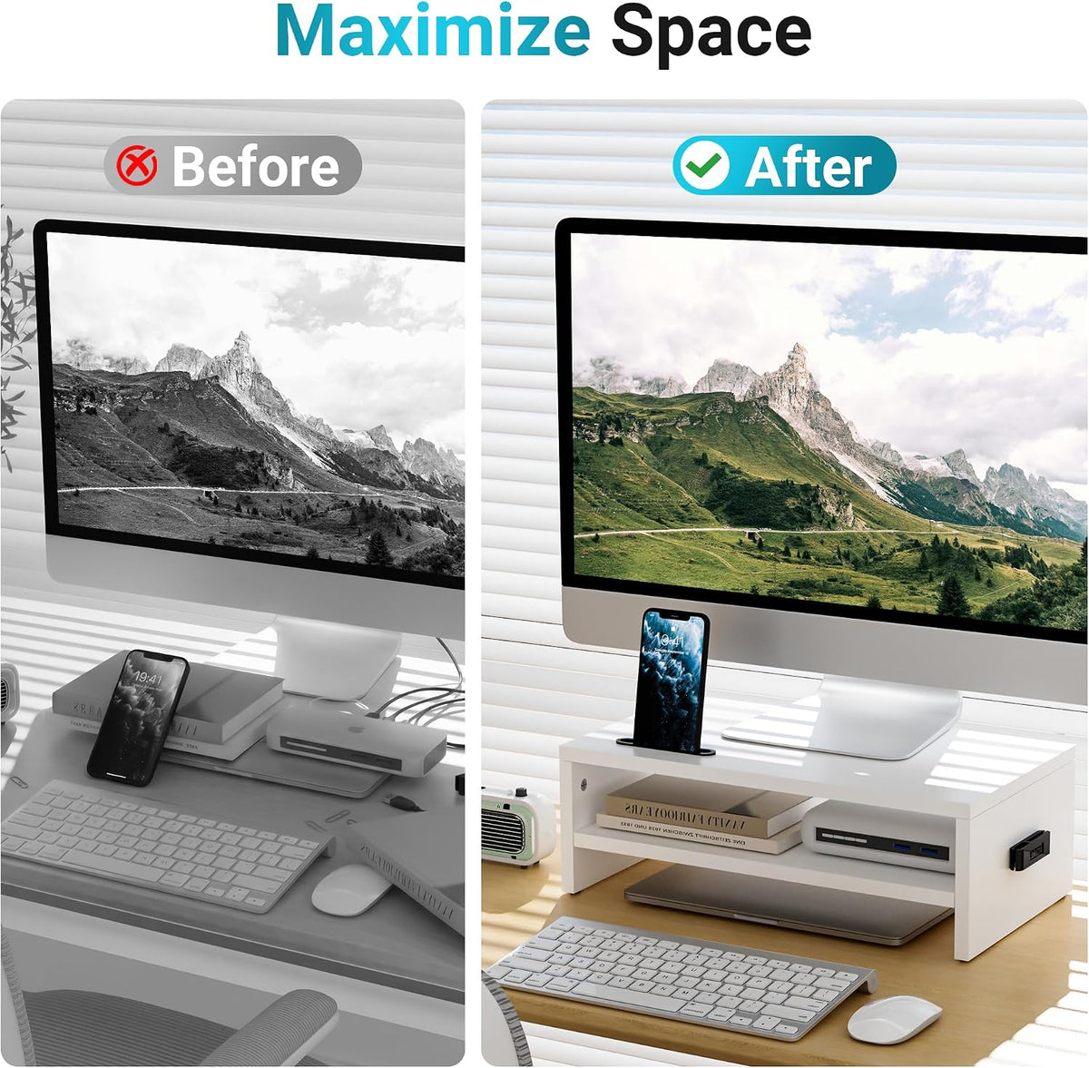 BONTEC Wooden Monitor Stand Riser for Desk, 2-Tier Computer Monitor Stand