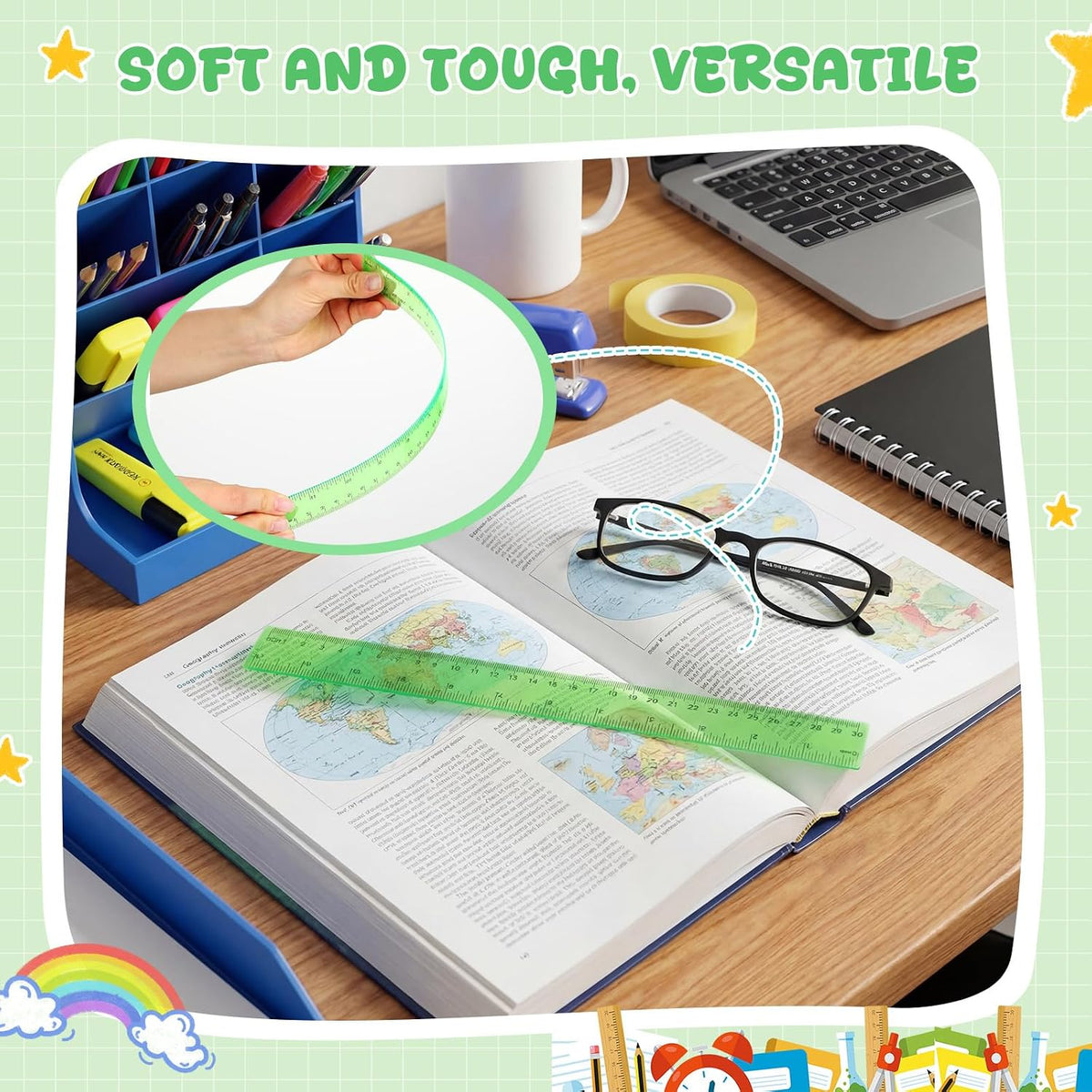 EBOOT 2 Pack Plastic Ruler Straight Clear Measuring Tool, Green, 12 Inch