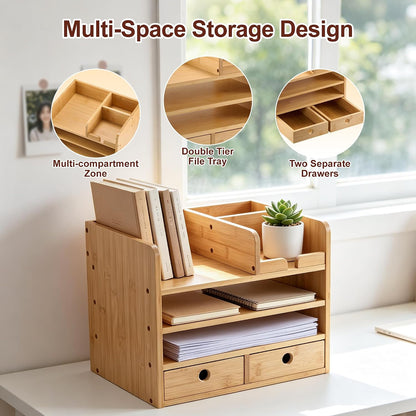 Bamboo Desk Organizer with Drawers, Makeup Storage for Home Office