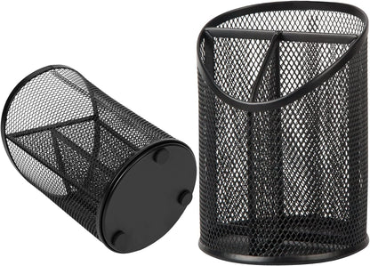 Delifox 2 Pack Pen Holder Mesh Round Pencil Holder 3 Compartments, Black