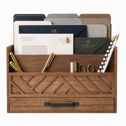 BLU MONACO | White Wooden Desk Organizer & Mail Organizer with Drawer & Gold Handle | Mail Sorter Countertop | 6 Compartments | White Desktop Organizer for Desk