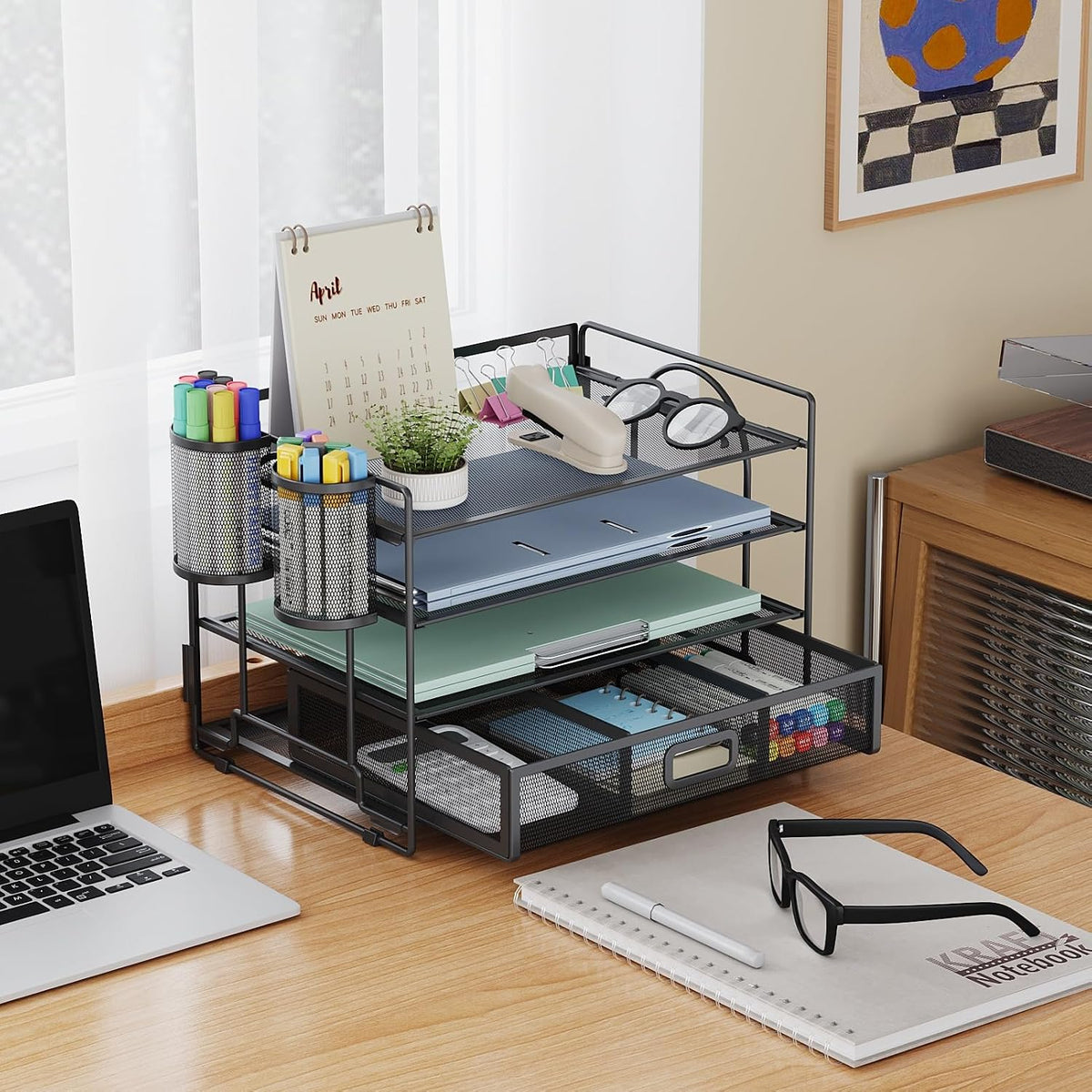 Marbrasse Desk Organizer, 4-Tier Paper File Letter Tray, Black