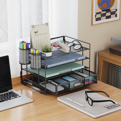 Marbrasse Desk Organizer, 4-Tier Paper File Letter Tray, Black