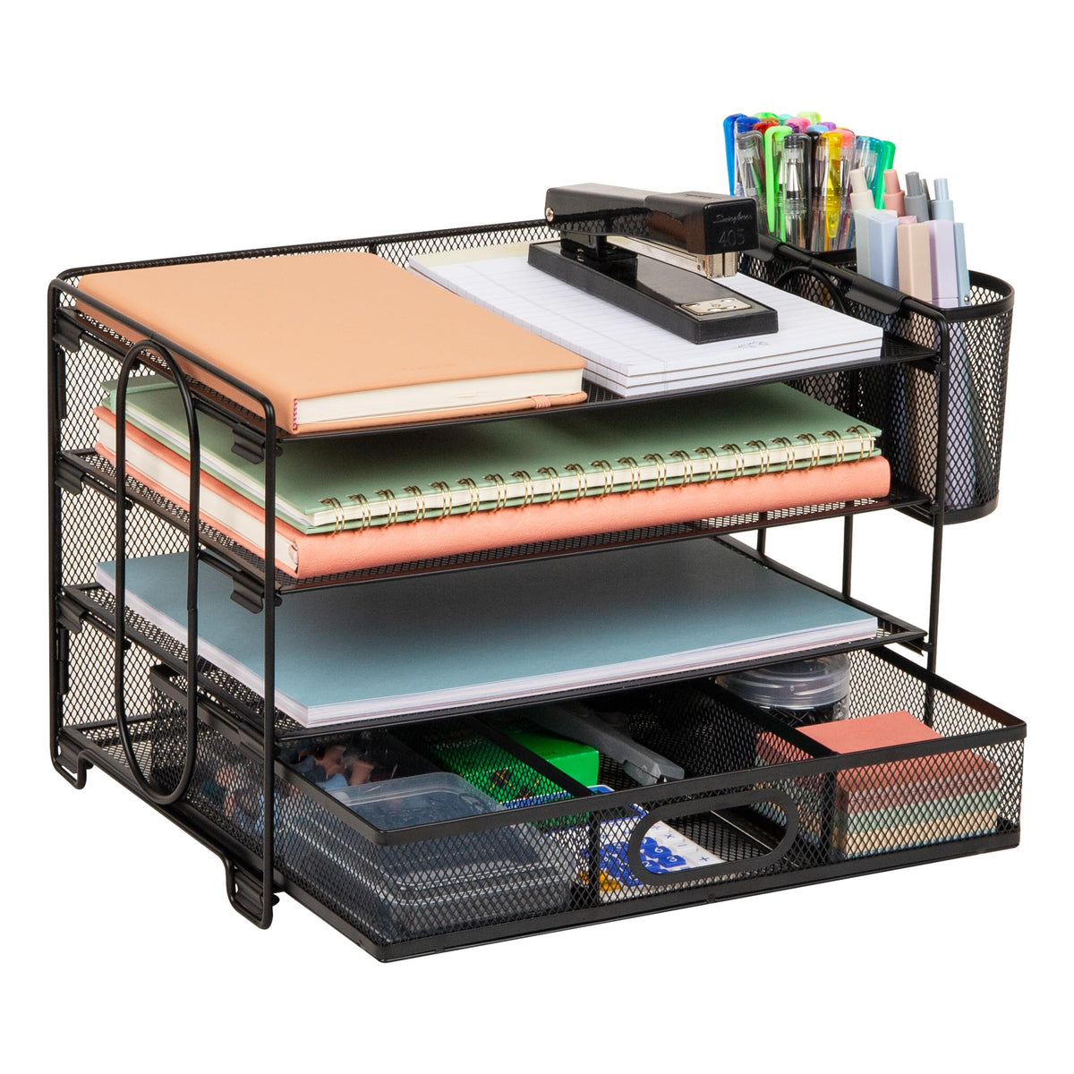 Mind Reader Mesh Desk Organizer, 3 Trays, 1 Drawer, 2 Pen Holders, Office Desktop Organizer, Metal Mesh, Black