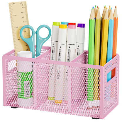Marbrasse Mesh Pen Holder for Desk, Pencil Holder Desk Organizer 3 Adjustable Compartments, Pencil Cup with Handle Perfect for Classroom, Office, Home, Makeup, Art (4 Compartments - Black)