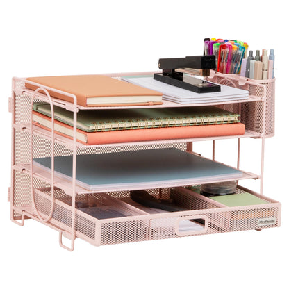 Mind Reader Mesh Desk Organizer, 3 Trays, 1 Drawer, 2 Pen Holders, Office Desktop Organizer, Metal Mesh, Black