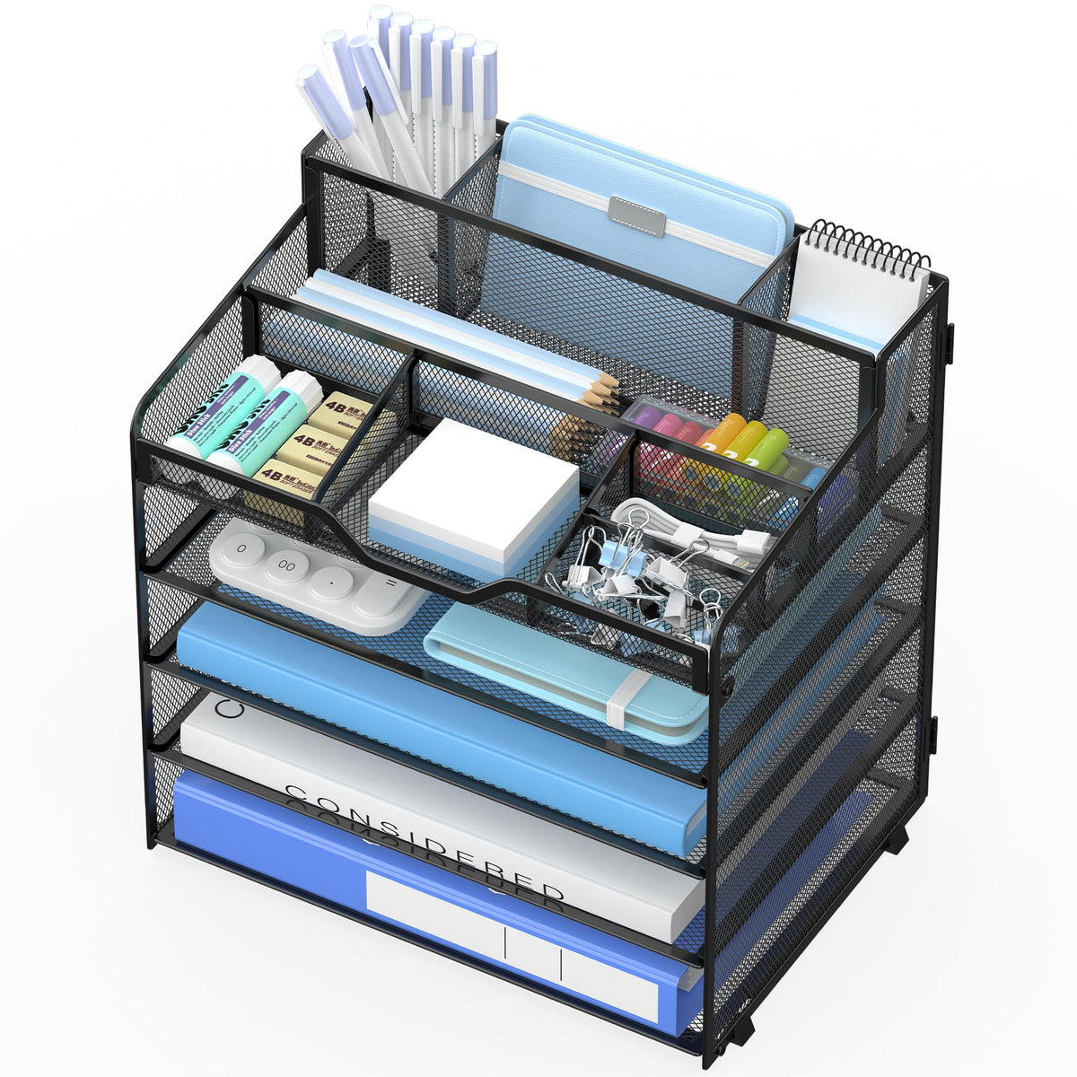 3 Tier Mesh Paper Desk Organizer with Pen Holders, White