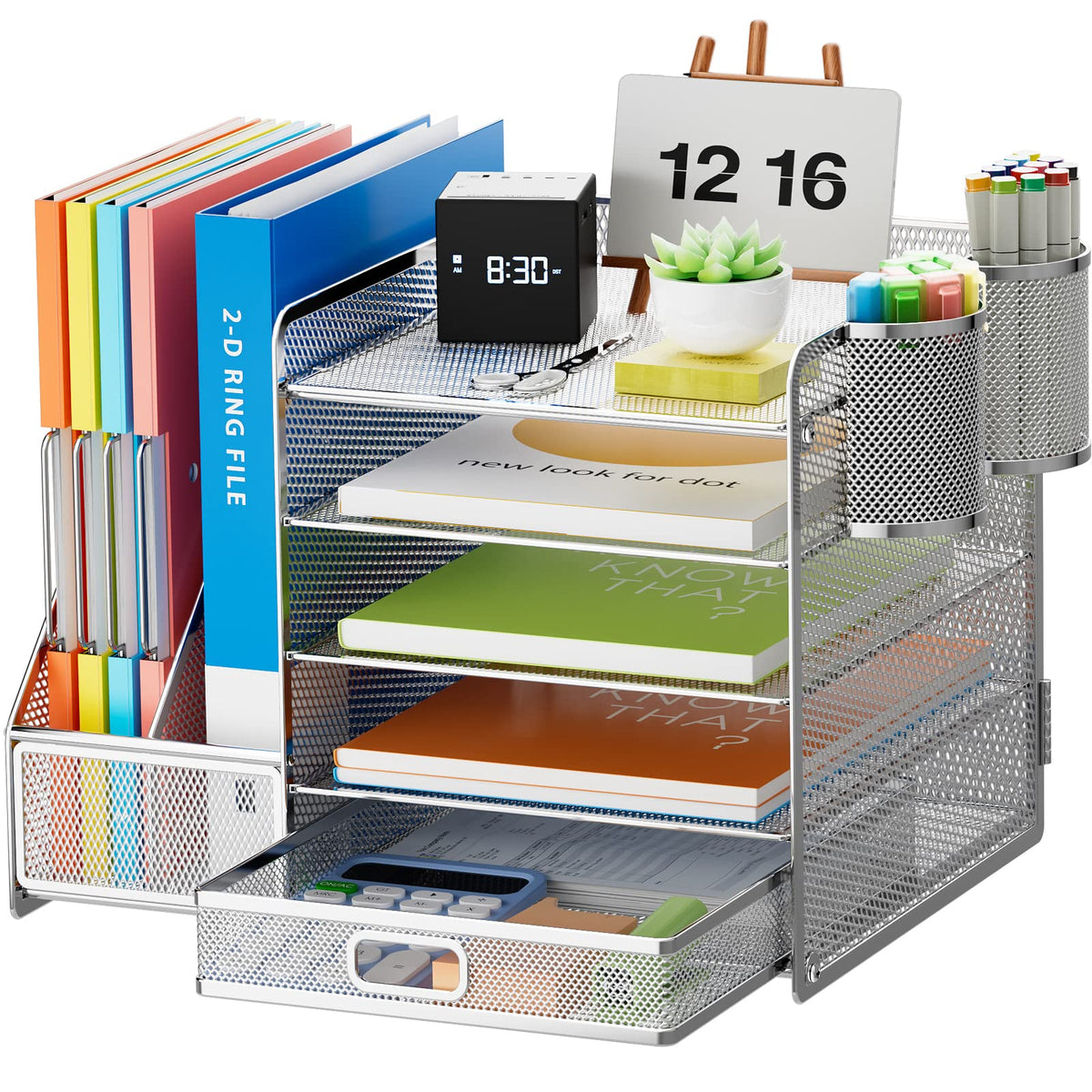 Marbrasse Desk Organizer with File Holder, 5-Tier Paper Letter Tray Organizer with Drawer and 2 Pen Holder, Mesh Desktop Organizer and Storage with Magazine Holder for Office Supplies(Black)