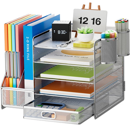 Marbrasse Desk Organizer with File Holder, 5-Tier Paper Letter Tray Organizer with Drawer and 2 Pen Holder, Mesh Desktop Organizer and Storage with Magazine Holder for Office Supplies(Black)