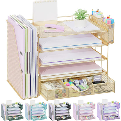 gianotter Desk Organizers and Accessories with File Holder, 4-Tier Desk Accessories & Workspace Organizers with Drawer and 2 Pen Holder, Paper Organizer for Office Supplies (Wood)