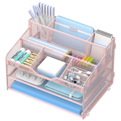 3 Tier Mesh Paper Desk Organizer with Pen Holders, White