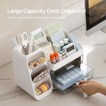 HBlife Desk Organizer with Pen Pencil Holder for Desk, Pen Organizer with 2 Drawers, Desk Organizers and Accessories with 4 Compartments, Desktop Storage for Office Home School Art Supplies, White