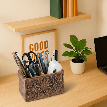 Mie Creations 2 Slot Rustic Pen Holder, Wooden Office Organizer 6''