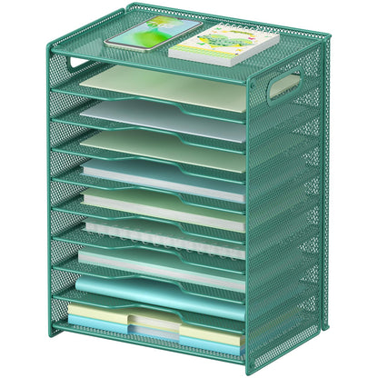 OUTWOLF 10 Tier Paper Organizer - Letter Tray Mesh Desk File Organizer with Handles for Office School Desktop, Black