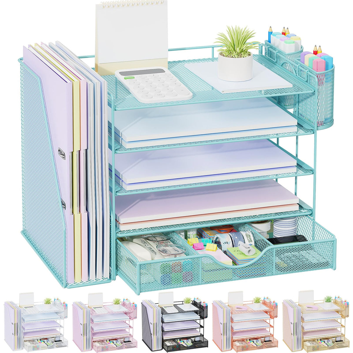 gianotter Desk Organizers and Accessories with File Holder, 4-Tier Desk Accessories & Workspace Organizers with Drawer and 2 Pen Holder, Paper Organizer for Office Supplies (Wood)
