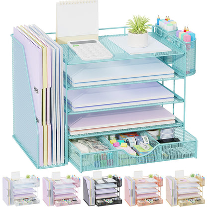 gianotter Desk Organizers and Accessories with File Holder, 4-Tier Desk Accessories & Workspace Organizers with Drawer and 2 Pen Holder, Paper Organizer for Office Supplies(Gold)