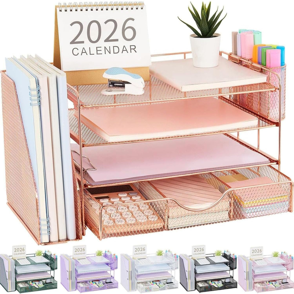 gianotter Desk Organizers and Accessories with File Holder, 4-Tier Desk Accessories & Workspace Organizers with Drawer and 2 Pen Holder, Paper Organizer for Office Supplies (Wood)