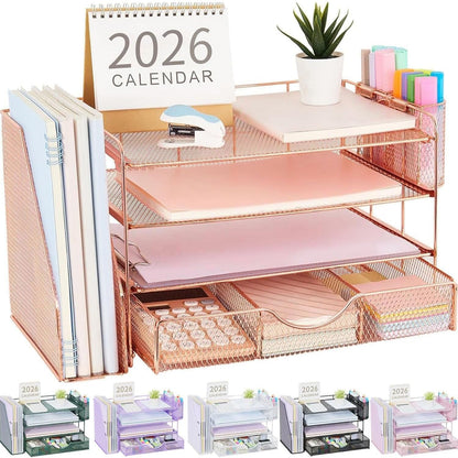 gianotter Desk Organizers and Accessories with File Holder, 4-Tier Desk Accessories & Workspace Organizers with Drawer and 2 Pen Holder, Paper Organizer for Office Supplies (Wood)