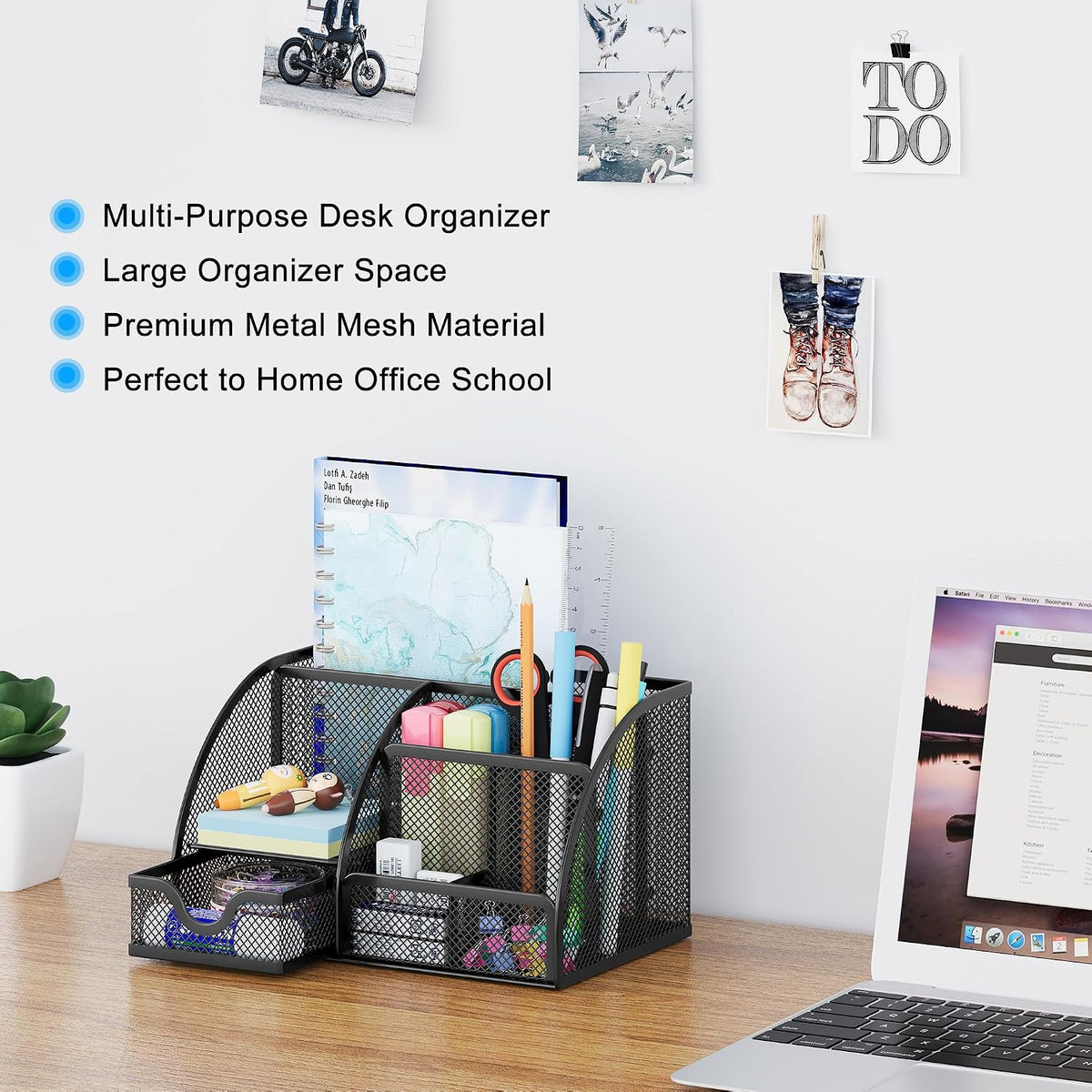 EasyPAG Mesh Desk Organizer with Drawer Multi-functional Pen Holder Stationery Organizer for Office School Supplies 6 Compartments Dorm Organizers and Storage for Desk, Black