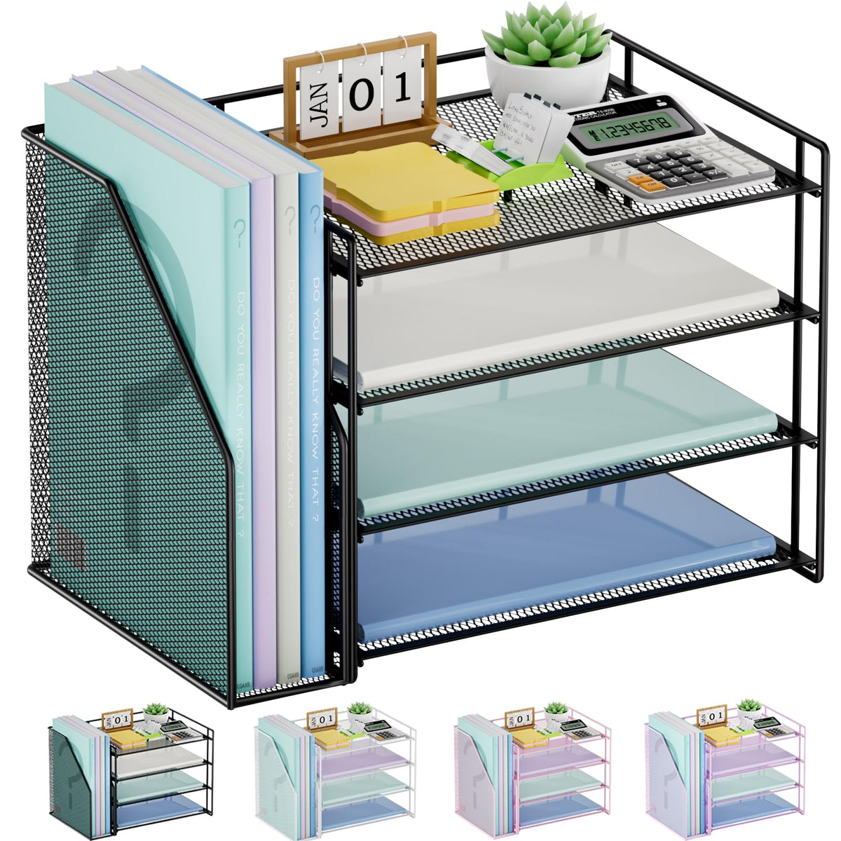 Marbrasse Desk Organizer, 4-Tier Paper File Letter Tray, Black