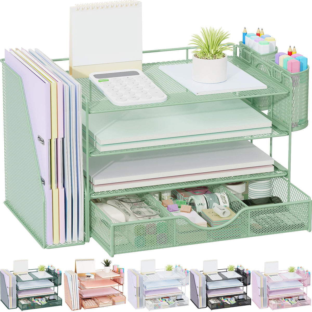 gianotter Desk Organizers and Accessories with File Holder, 4-Tier Desk Accessories & Workspace Organizers with Drawer and 2 Pen Holder, Paper Organizer for Office Supplies (Wood)