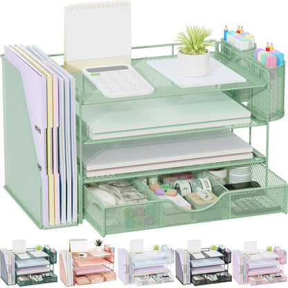 gianotter Desk Organizers and Accessories with File Holder, 4-Tier Desk Accessories & Workspace Organizers with Drawer and 2 Pen Holder, Paper Organizer for Office Supplies (Wood)
