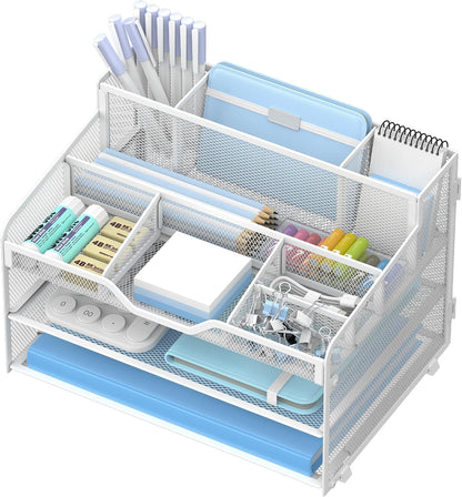 3 Tier Mesh Paper Desk Organizer with Pen Holders, White