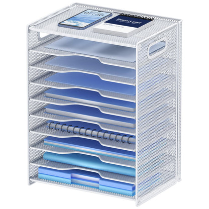 OUTWOLF 10 Tier Paper Organizer - Letter Tray Mesh Desk File Organizer with Handles for Office School Desktop, Black