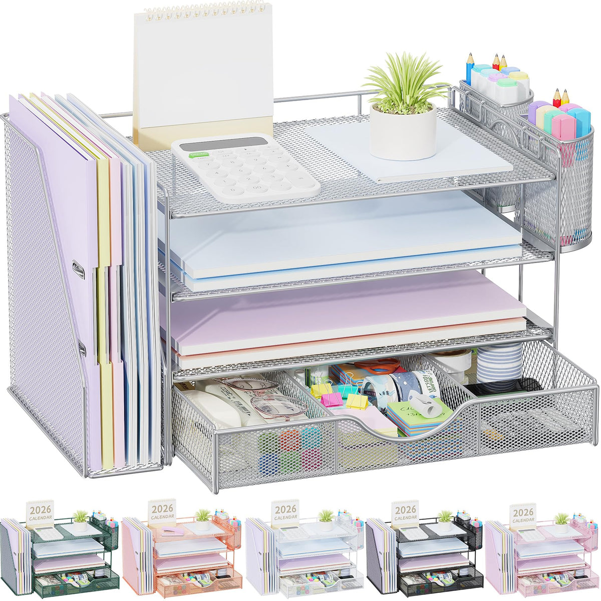 gianotter Desk Organizers and Accessories with File Holder, 4-Tier Desk Accessories & Workspace Organizers with Drawer and 2 Pen Holder, Paper Organizer for Office Supplies (Wood)