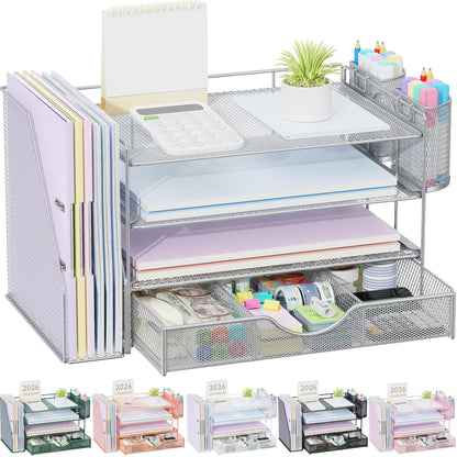 gianotter Desk Organizers and Accessories with File Holder, 4-Tier Desk Accessories & Workspace Organizers with Drawer and 2 Pen Holder, Paper Organizer for Office Supplies (Wood)