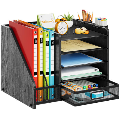 Marbrasse Desk Organizer with File Holder, 5-Tier Paper Letter Tray Organizer with Drawer and 2 Pen Holder, Mesh Desktop Organizer and Storage with Magazine Holder for Office Supplies(Black)