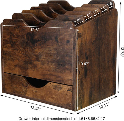 PAG-Mass Wood Desktop File Holder Organizer Mail Sorter with Drawer, for File Folders, Mails, Envelopes, Mailing Supplies or Magazines, 6 Compartments, Antique Brown