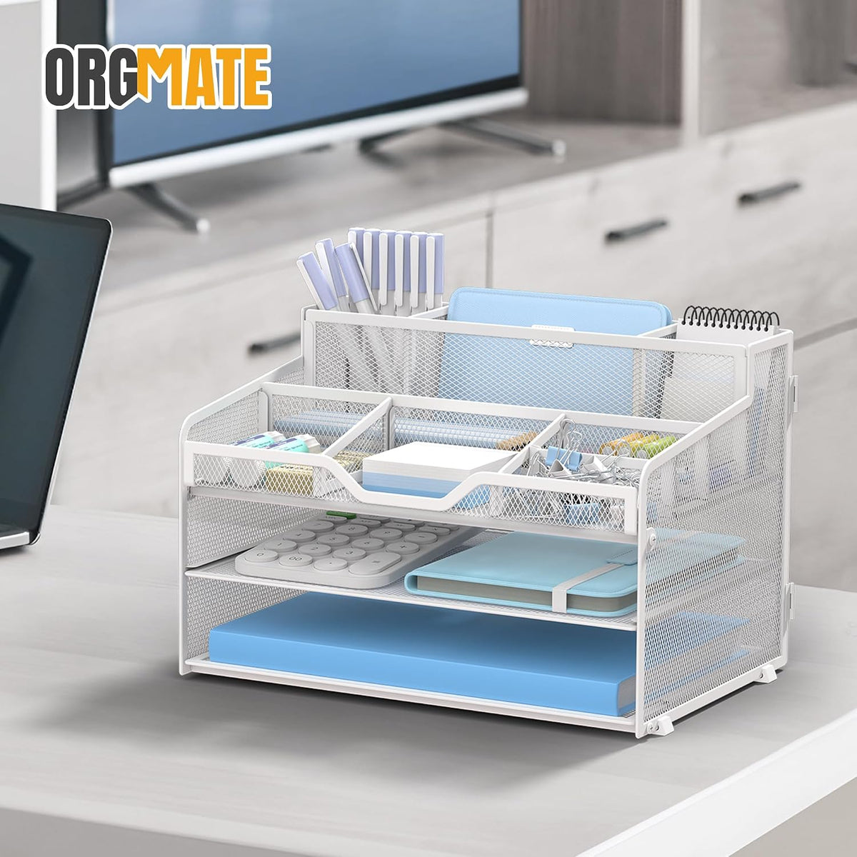 3 Tier Mesh Paper Desk Organizer with Pen Holders, White