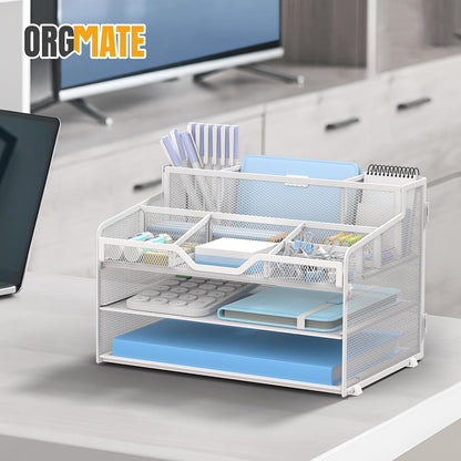 3 Tier Mesh Paper Desk Organizer with Pen Holders, White