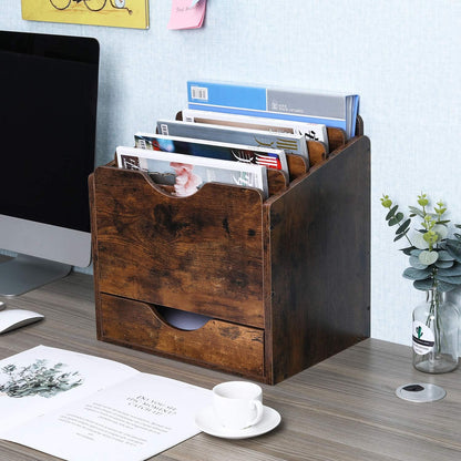PAG-Mass Wood Desktop File Holder Organizer Mail Sorter with Drawer, for File Folders, Mails, Envelopes, Mailing Supplies or Magazines, 6 Compartments, Antique Brown